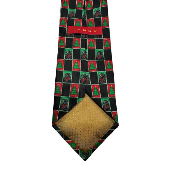 Tango Christmas Novelty Tie Black Green Red Labrador & Tree Print Silk - Picture 3 of 6